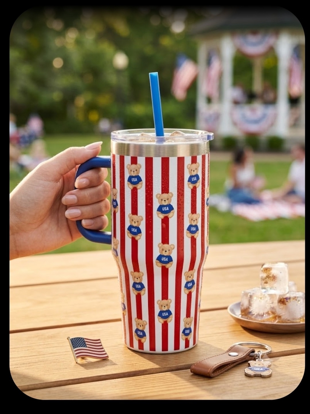 YaYa Aflalo Red, White & Blue Bear Insulated Travel Mug with Blue Handle